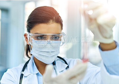 Buy stock photo DNA, sample and science with woman in laboratory for breakthrough, discovery or experiment. Blood, research and test tube with scientist at work on clinical trial for biology, cure or vaccine