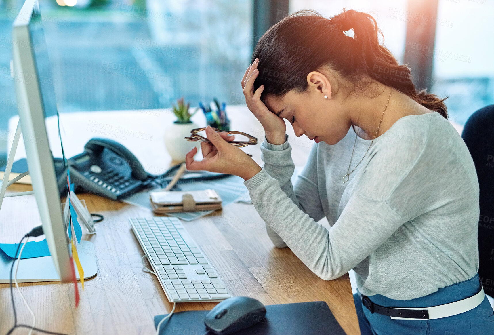 Buy stock photo Burnout, headache or stress with web developer woman at desk in office for online administration. Anxiety, design and mental health with frustrated programmer in workplace for problem solving