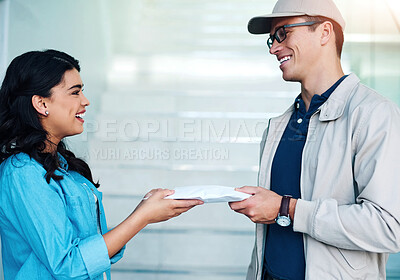 Buy stock photo Smile, delivery man and giving woman package for ecommerce, logistics or shipping. Laughing customer, courier and receive parcel for cargo, stock or distribution service for online shopping in home