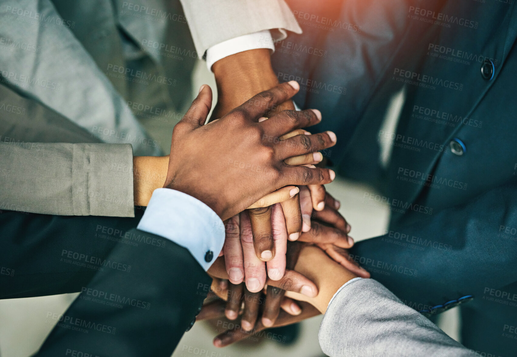 Buy stock photo Business people, hands and collaboration of teamwork with support, celebration and corporate success. Office, professional and lawyer group with solidarity of workforce with motivation from above