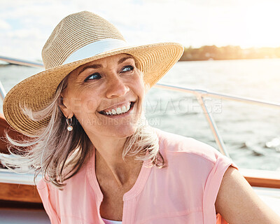 Buy stock photo Mature woman, yacht and vacation with thinking for retirement, smile on water cruise and future plan. Female person, boat or thoughtful for pension goal on summer holiday, happy trip or ocean in Bali