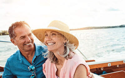 Buy stock photo Mature couple, love and luxury cruise for holiday, travel or retirement on ocean boat sailing to relax. Man, woman and anniversary on yacht for getaway, vacation or tropical adventure by Bahamas