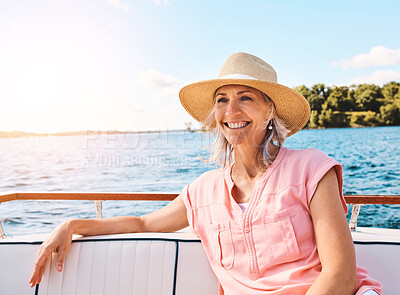 Buy stock photo Mature woman, boat and vacation with thinking for retirement, smile on water cruise for future plan. Female person, yacht or thoughtful for pension goal on summer holiday, happy trip on ocean in Bali