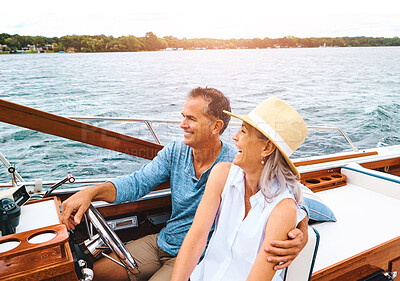 Buy stock photo Man, woman and lake adventure with travel in boat on holiday, relax on cruise date for retirement together. Mature, happy couple and driving on water yacht for vacation with happiness, summer in Bali