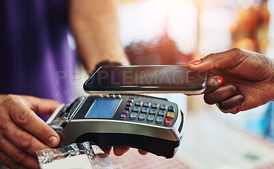 Buy stock photo Hands, smartphone and card machine for payment at counter, shopping and transaction at florist. People, purchase and technology in shop for retail, checkout and POS in small business in Spain