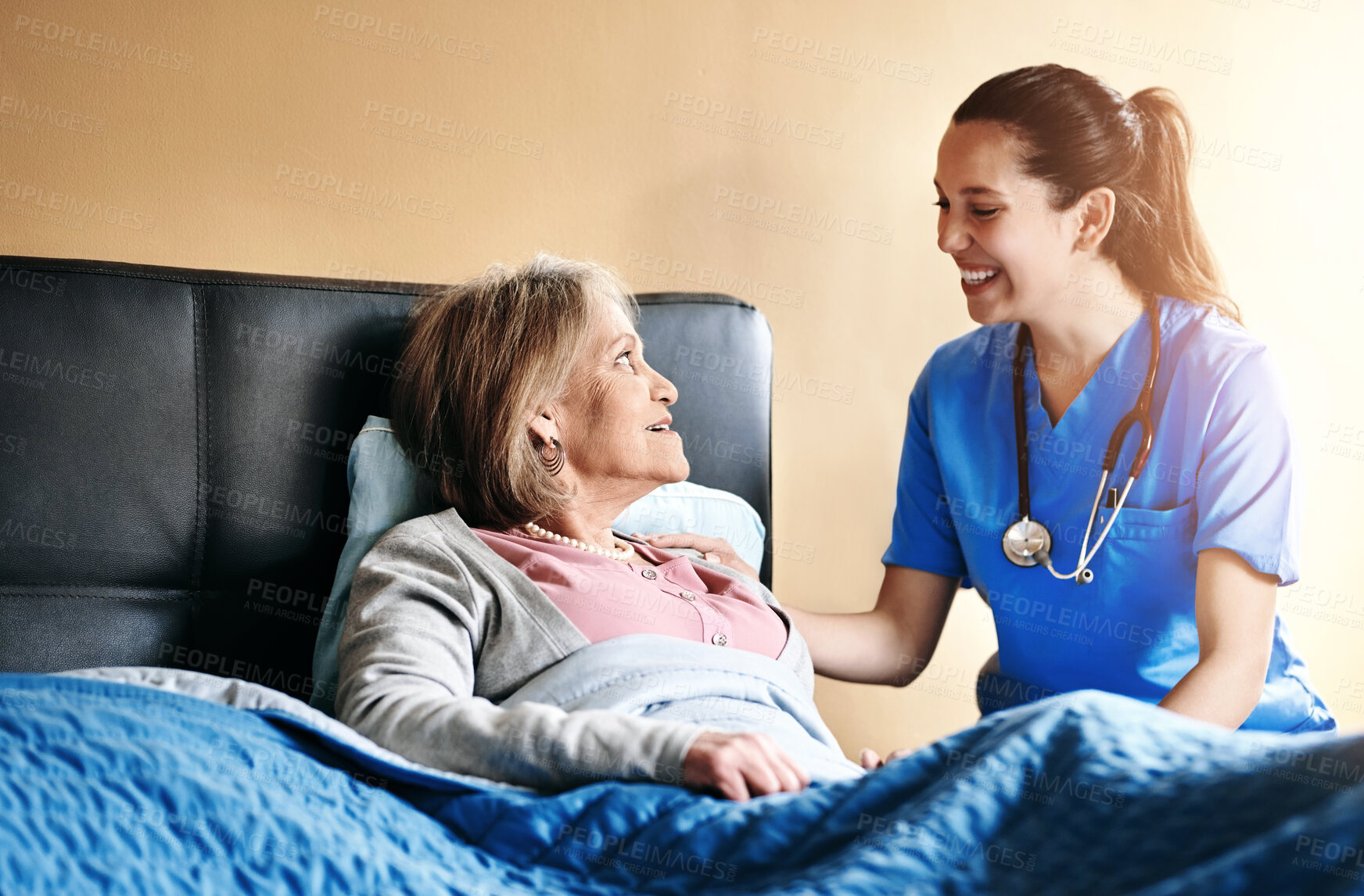 Buy stock photo Assisted living, bedroom or retirement with nurse and old woman in home for private healthcare. Medical, smile and support with senior patient or resident with medicine professional in apartment