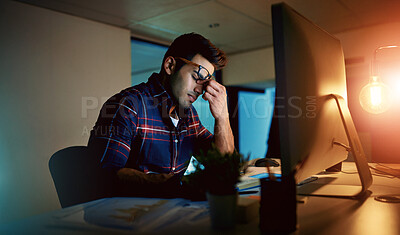 Buy stock photo Night, man and computer in office with burnout, headache and stress for deadline. Businessman, pain and tired at desk with mental health, exhausted and anxiety from mistake in project in evening