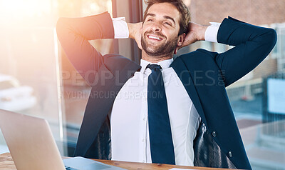 Buy stock photo Relax, laptop and businessman with smile in office for finished project with company revenue. Happy, computer and male financial advisor with pride for stock investment profit in workplace in Canada.