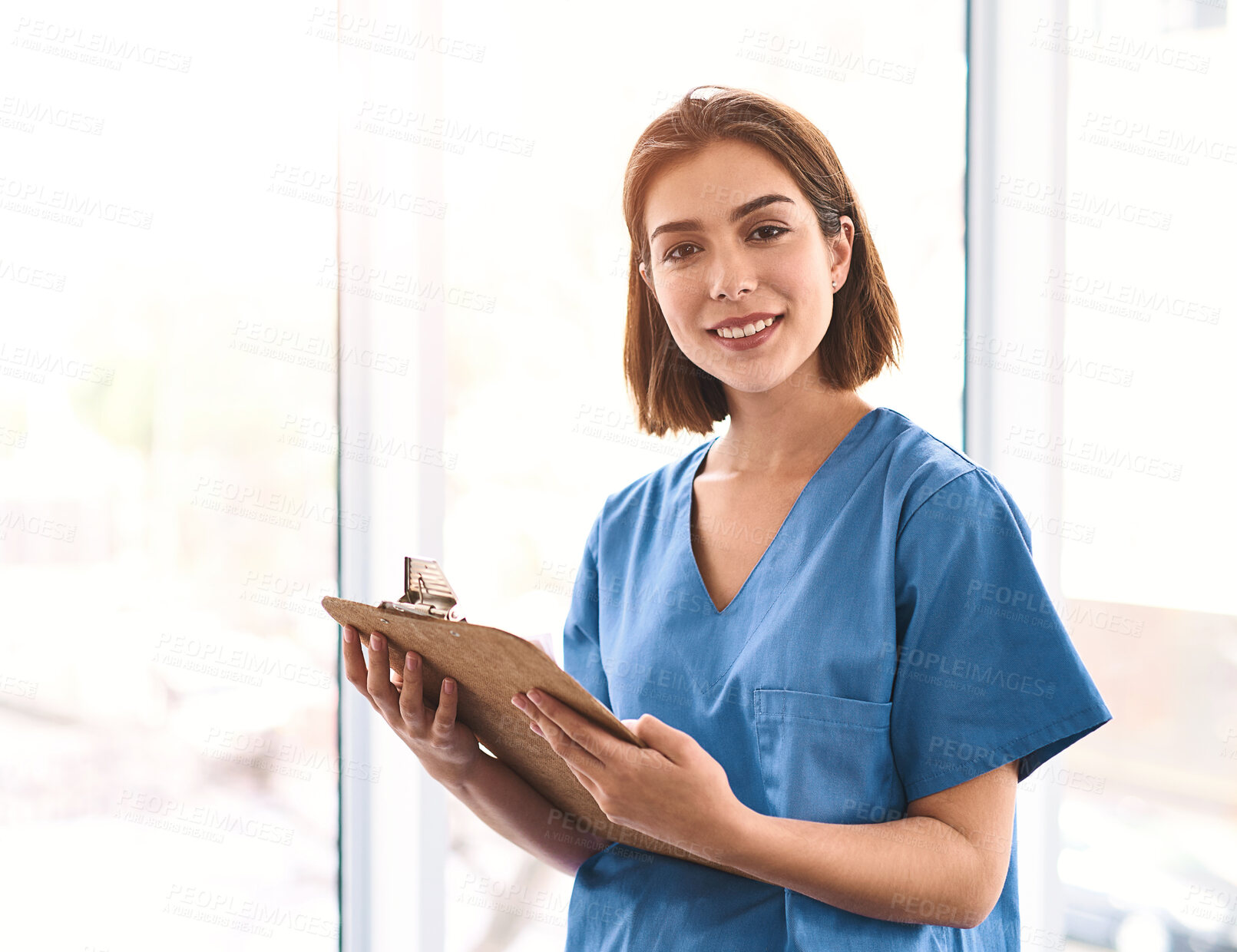 Buy stock photo Nurse, portrait and woman with clipboard in hospital for patient information, wellness report or medical records. Medic, smile and healthcare worker with checklist for schedule, insurance or results