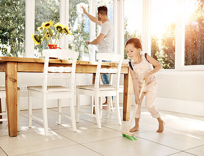 Buy stock photo Cleaning, father and daughter in kitchen of house, sweeping and washing of window, broom and bonding. Home, man and teaching of hygiene to child, girl and helping hand to dad, love and together