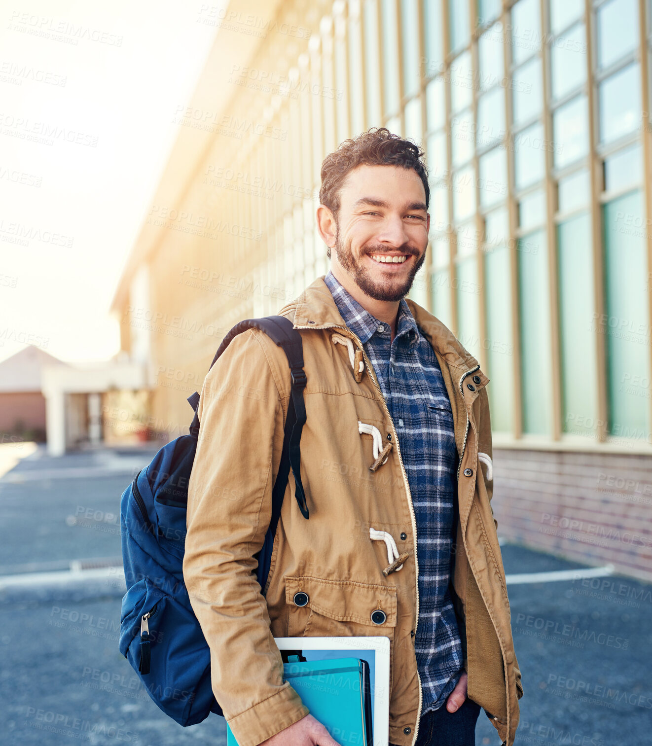 Buy stock photo Student, portrait and excited at campus for class, education and university experience with backpack. Man, face and happy outdoor at college for scholarship, learning and independence with books