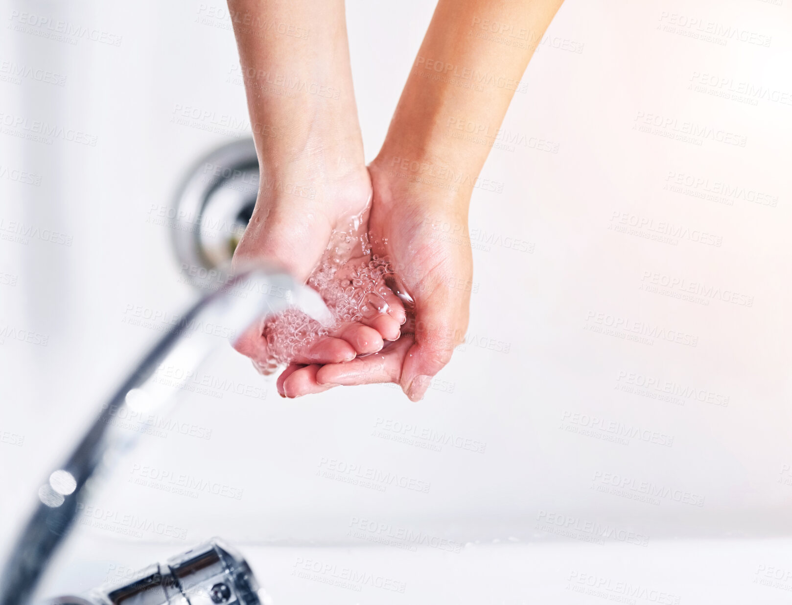 Buy stock photo Person, home and washing hands with water for hygiene, sanitation and germ prevention for illness or virus. Closeup, faucet and tap with liquid on palm for health or safety and protection of above