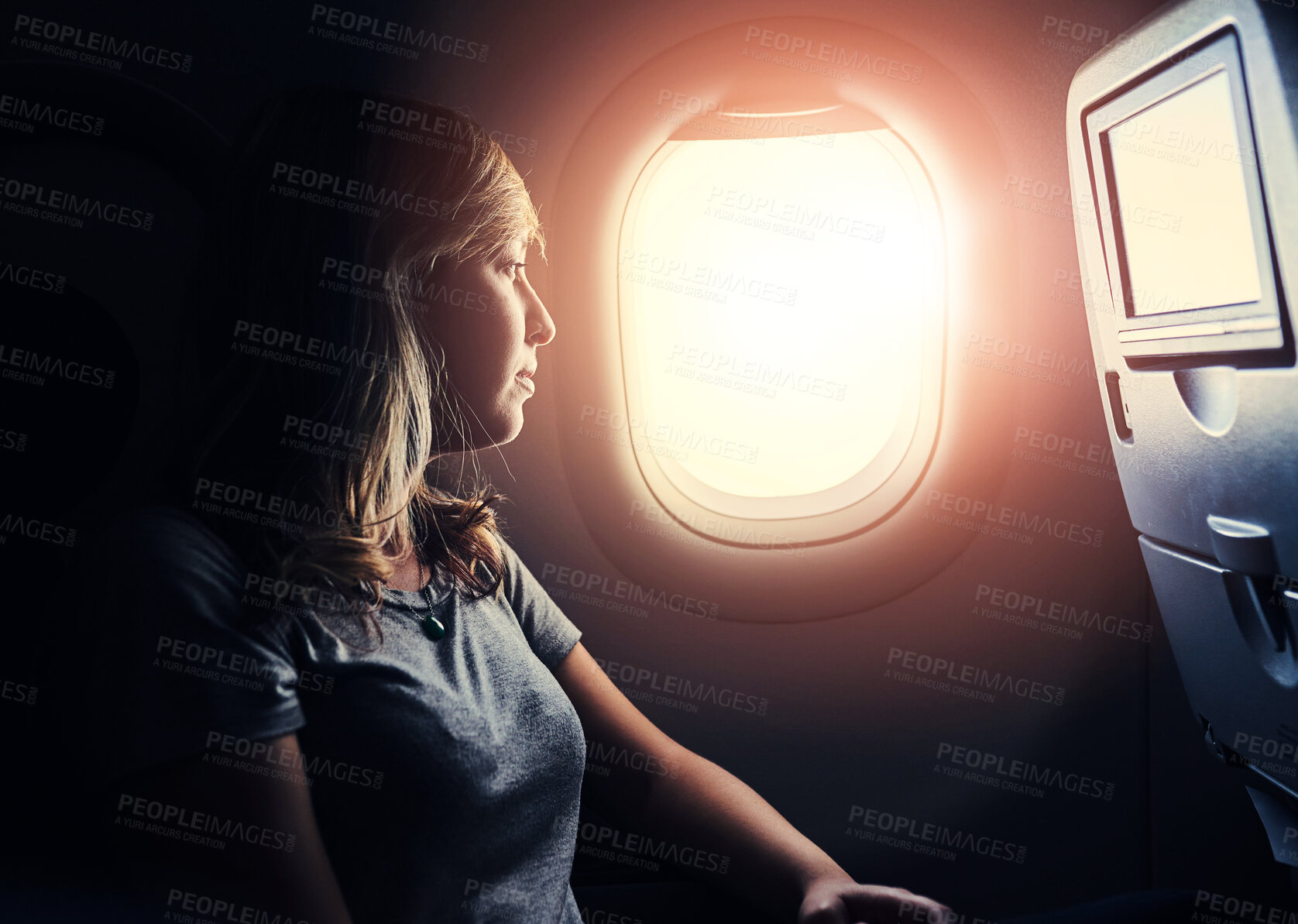 Buy stock photo Window, flying and woman in plane, thinking and travel for journey, international and passenger in aircraft. Vacation, transport and holiday in California, airline and trip for girl and sightseeing