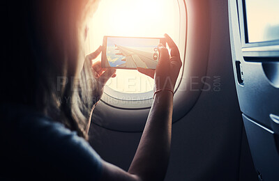 Buy stock photo Photo, plane and window with air transport, phone and travel on flight in aircraft cabin. Mobile, social media and picture for photography, memory and holiday with transportation and woman on trip 