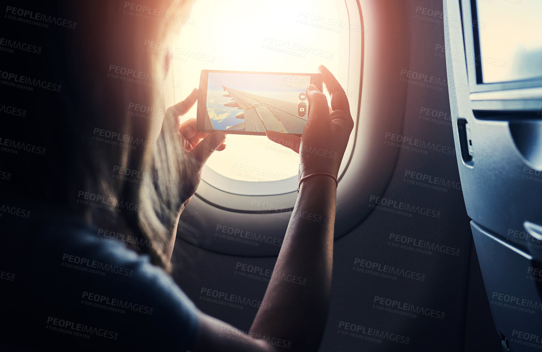 Buy stock photo Photo, plane and window with air transport, phone and travel on flight in aircraft cabin. Mobile, social media and picture for photography, memory and holiday with transportation and woman on trip 