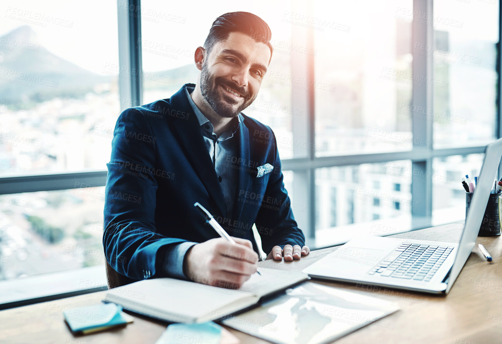 Buy stock photo Laptop, corporate and portrait of businessman writing for financial, company review and planning. Finance consultant, office and person with notes on computer for research, website or internet