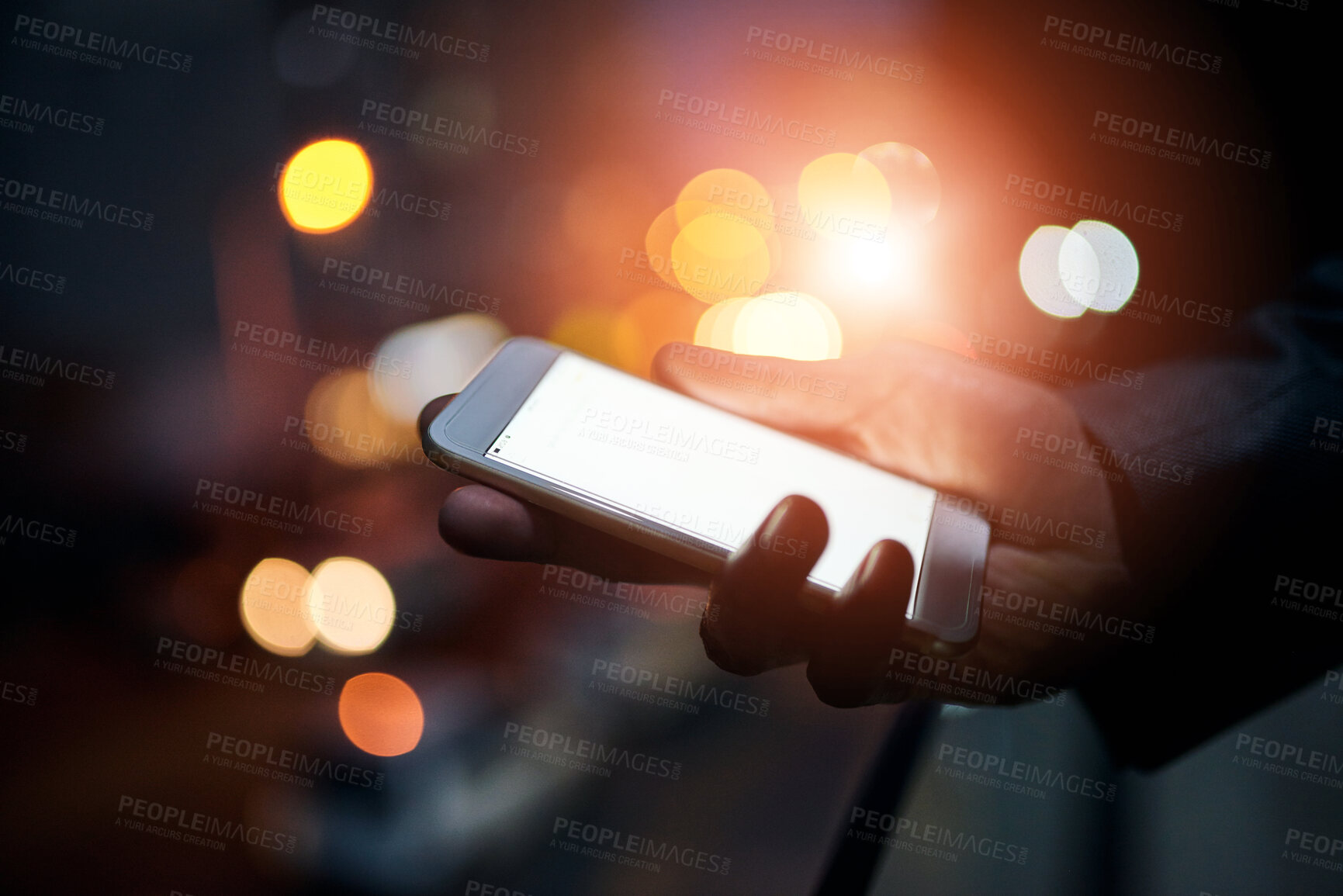 Buy stock photo Hands, business person and cellphone screen for communication, networking and connection. Bokeh, internet and online on news website for updates, post and mobile app with mockup space and lens flare