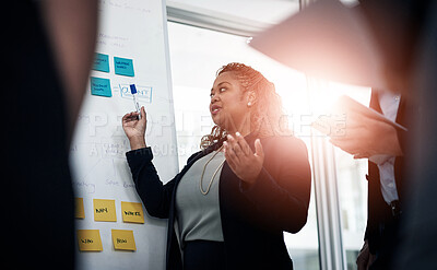 Buy stock photo Woman, meeting and whiteboard with staff in office for workflow steps, diagram or teamwork for web design. Female speaker, people and training of strategy process, chart or interface project proposal