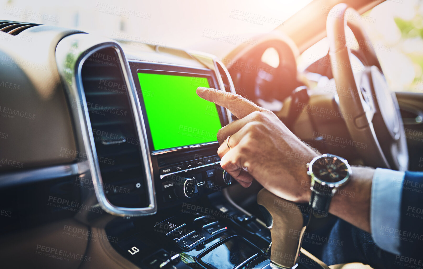 Buy stock photo Green screen, map and hands of person in car for location, search or check destination. Navigation, commute and driver with gps for online traffic notification, direction or travel route in vehicle