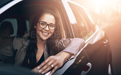 Buy stock photo Woman, driver and car in window with smile on commuting for work, job and business. Female person, happy and portrait with confidence on vehicle or transportation for drive on road for journey