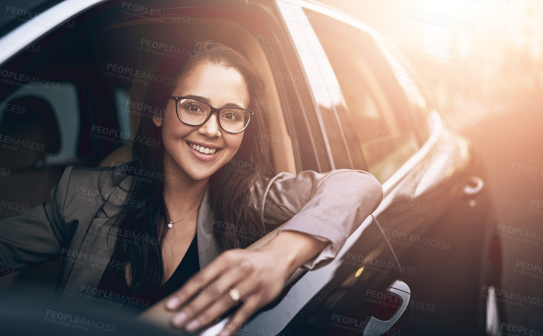 Buy stock photo Woman, driver and car in window with smile on commuting for work, job and business. Female person, happy and portrait with confidence on vehicle or transportation for drive on road for journey