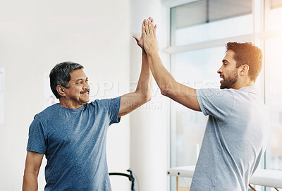 Buy stock photo Physiotherapy, smile and senior man with high five and healing with healthcare, wellness and celebration. Chiropractor, support and old person with a disability for rehabilitation and recovery