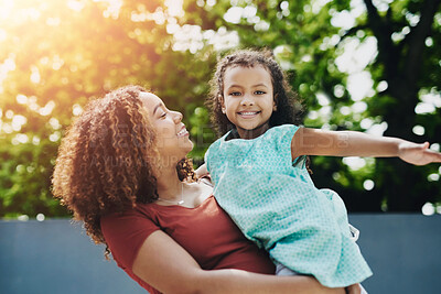 Buy stock photo Mom, girl and happy in house at backyard with playing for fun, bonding and child development. Parent, kid and smile for love with support, trust and care together for family day on break and relax