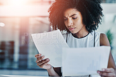 Buy stock photo Paperwork, reading and woman frustrated in office for accounting, budget and management. Stress, admin lady and company documents in workplace for review, development and analysis of business report