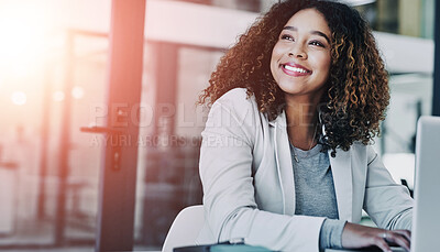 Buy stock photo Business woman, laptop and smile in office with thinking, planning and vision for company as accountant. Female person, tech and happiness for idea, corporate or financial firm or bank with flare
