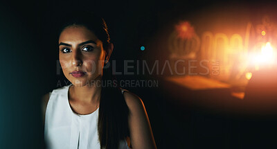 Buy stock photo Woman, night or portrait with led light in home for overtime, career with media or press. Female journalist, working late or dark house, journalism employee with glow in bedroom for agency commitment