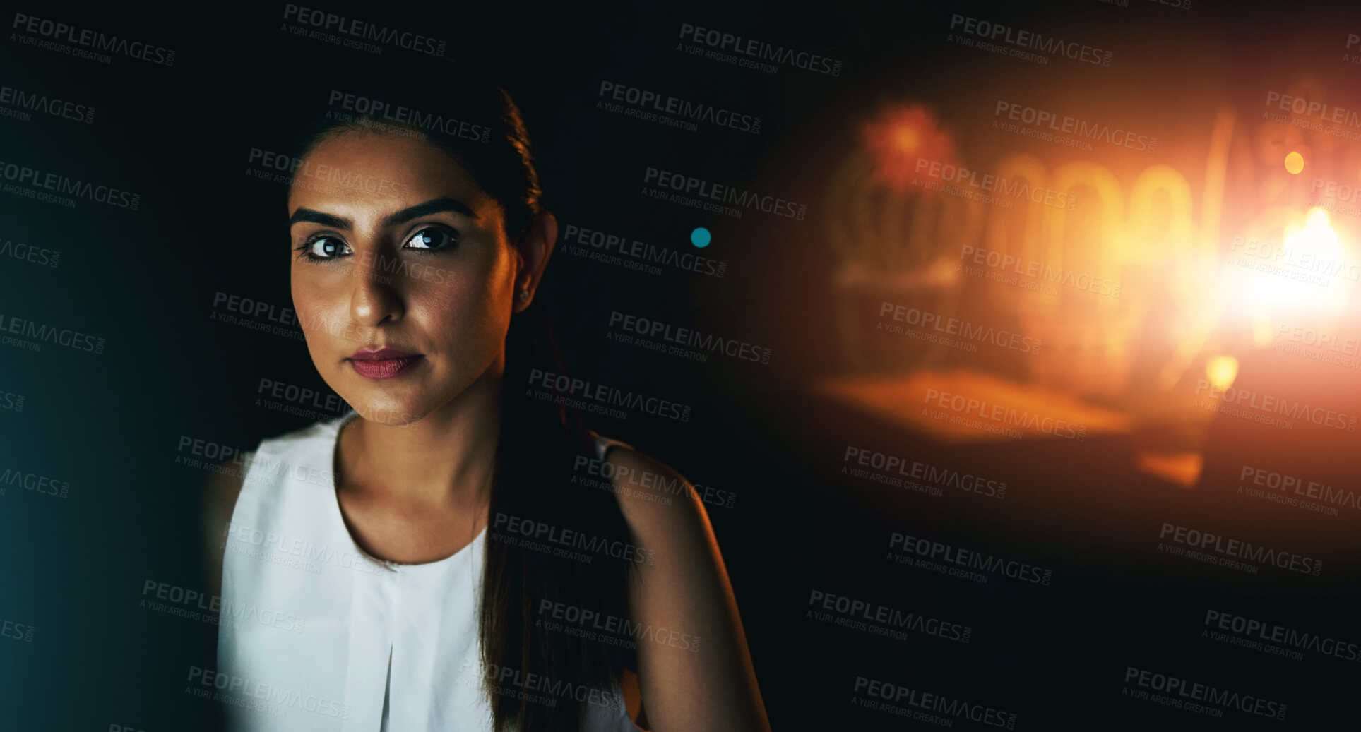 Buy stock photo Woman, night or portrait with led light in home for overtime, career with media or press. Female journalist, working late or dark house, journalism employee with glow in bedroom for agency commitment