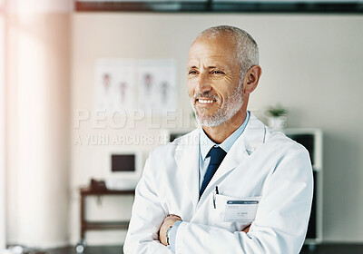 Buy stock photo Mature man, doctor and arms crossed with thinking in hospital, working in healthcare or medicine. Male person, planning and happiness for idea in medical clinic, employee with pride for wellness