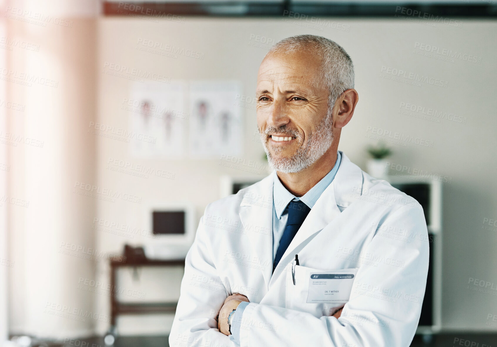 Buy stock photo Mature man, doctor and arms crossed with thinking in hospital, working in healthcare or medicine. Male person, planning and happiness for idea in medical clinic, employee with pride for wellness