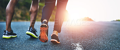 Buy stock photo Fitness, feet and people running in road for outdoor race or marathon training in mountain. Sports, friends and legs of athletes with cardio workout for endurance exercise in street for practice.