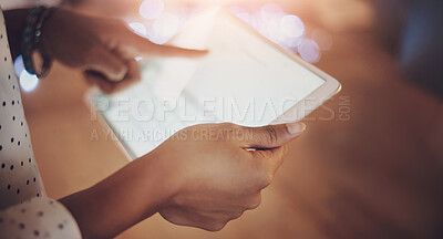 Buy stock photo Person, hands or tablet with screen in office for business, mockup space for news on digital platform. Female influencer, workplace or tech for internet notification, online network with bokeh night