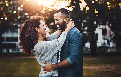 Buy stock photo Love, hug and couple in park, smile and romance with relationship, marriage and bonding together. Outdoor, embrace and happy man with woman, peaceful and support with adventure, trust and kindness