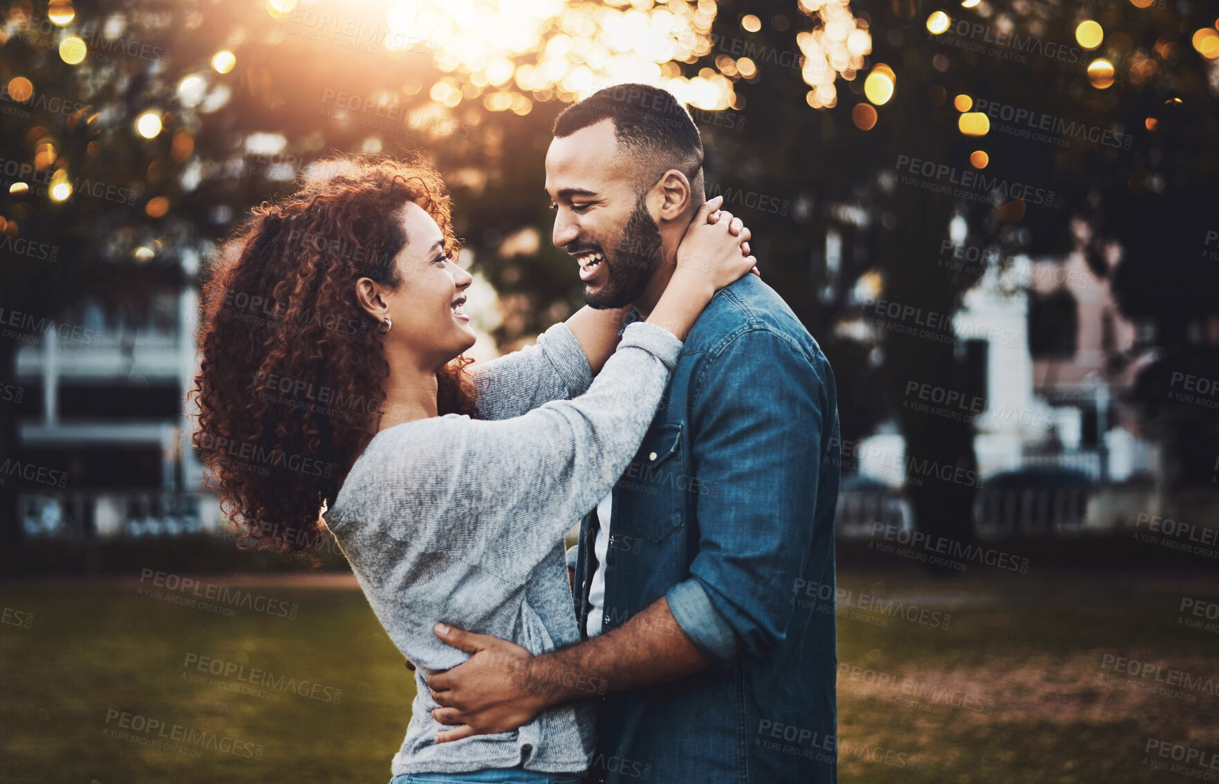 Buy stock photo Love, hug and couple in park, smile and romance with relationship, marriage and bonding together. Outdoor, embrace and happy man with woman, peaceful and support with adventure, trust and kindness