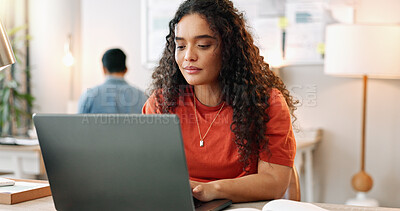 Buy stock photo Typing, woman and smile at desk with laptop, communication and update in office. Female journalist, research and happy at computer for article, social media and contact in modern workplace in city