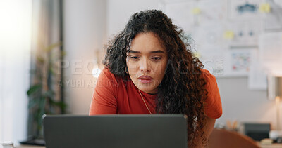 Buy stock photo Female student, laptop and assignment for reading, education and understand details in dormitory. Girl, college research and thesis for studying, planning and project instructions on campus residence