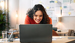 Female student, laptop or results for education, assignment or good news in dormitory. Happy girl, college top achiever or great grades for English test, examination or assessment on campus residence