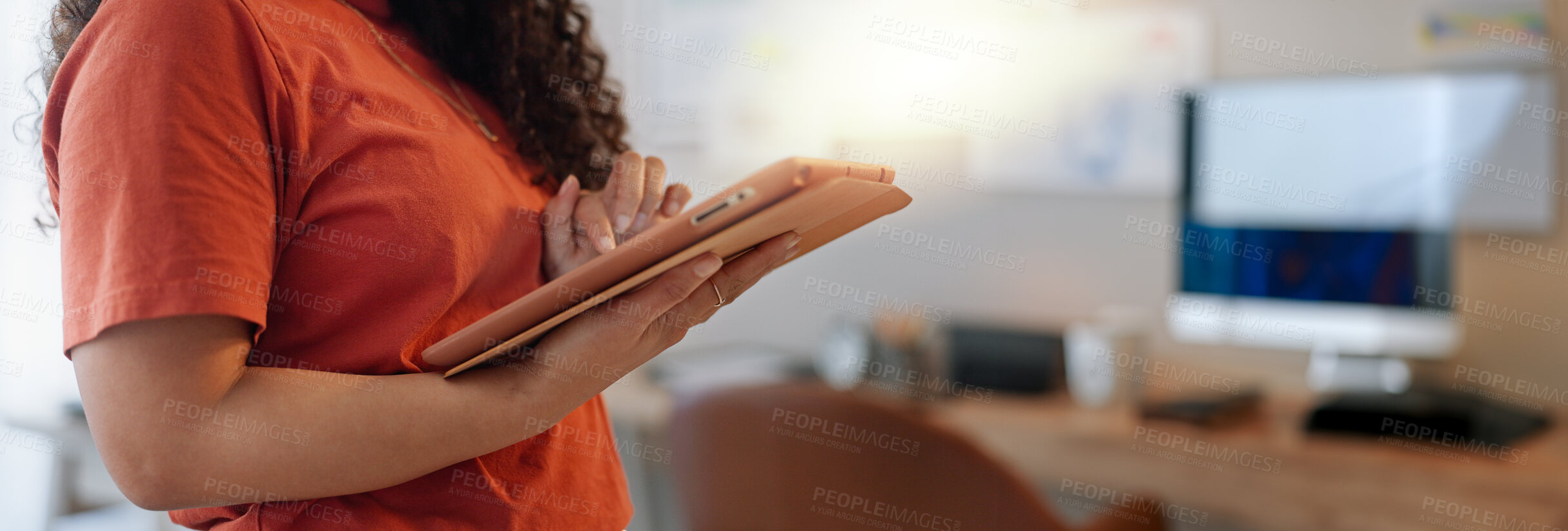 Buy stock photo Business, hands and woman with tablet, typing and internet with connection, research for article and update website. Closeup, journalist and employee with technology, digital app and search for news