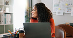 Thinking, woman and smile at desk with laptop, communication and update in office. Female journalist, idea and happy at computer for article, social media and contact in modern workplace in city