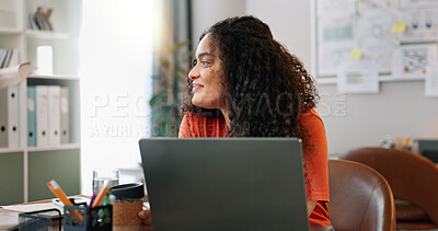 Buy stock photo Thinking, woman and smile at desk with laptop, communication and update in office. Female journalist, idea and happy at computer for article, social media and contact in modern workplace in city