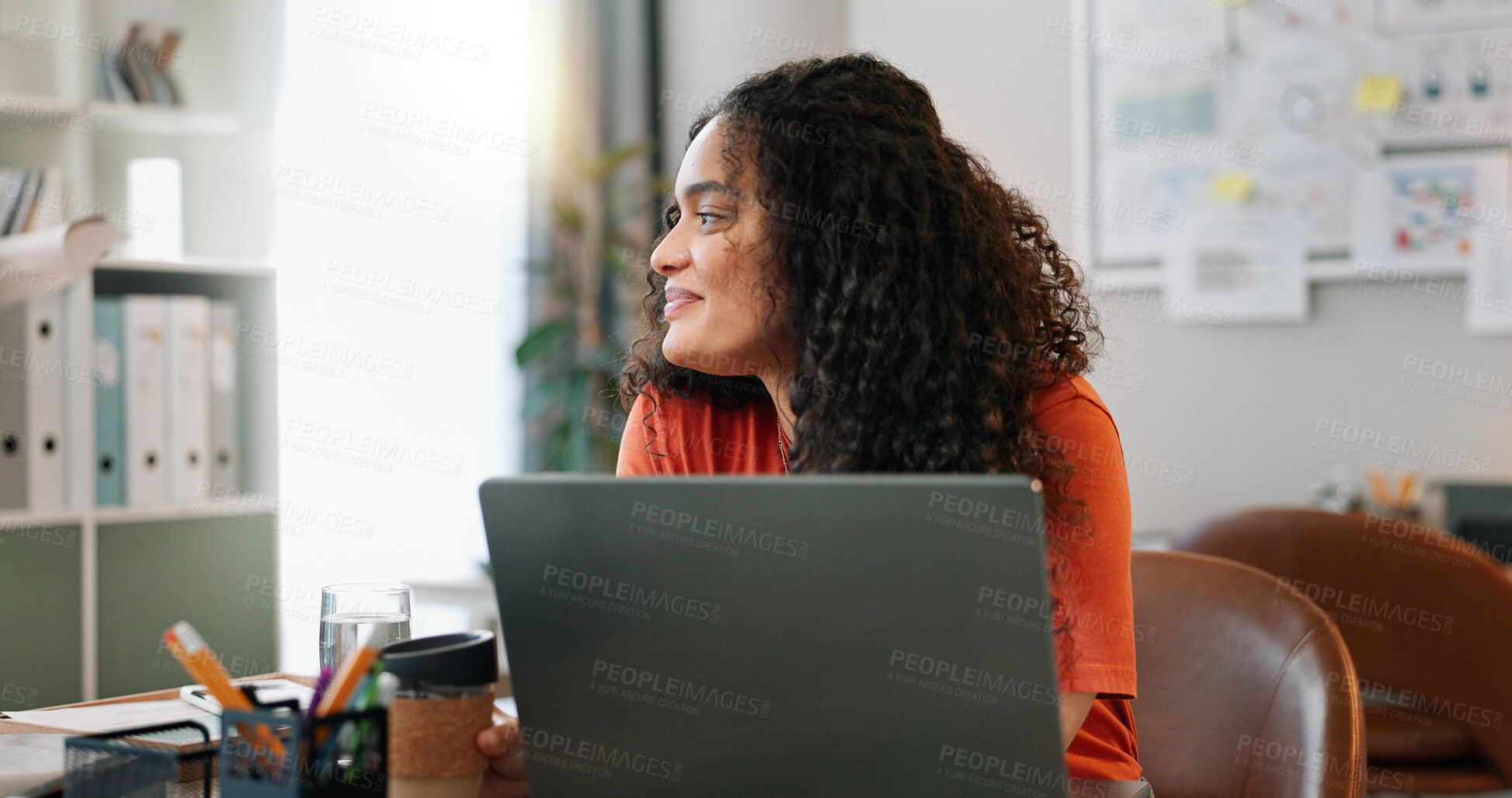 Buy stock photo Thinking, woman and smile at desk with laptop, communication and update in office. Female journalist, idea and happy at computer for article, social media and contact in modern workplace in city