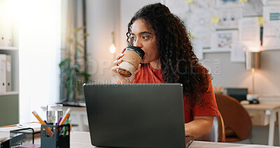 Buy stock photo Woman, thinking and coffee break with laptop, office and start morning with drink for energy. Small business owner, research and designer with tea cup, computer and brainstorming vision in workshop