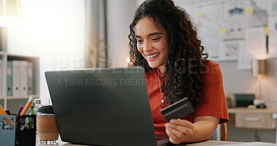 Buy stock photo Woman, laptop and banking card for small business, fintech and online transaction with entrepreneur for internet investment. Credit, payment and purchase for agency inventory, ecommerce and office