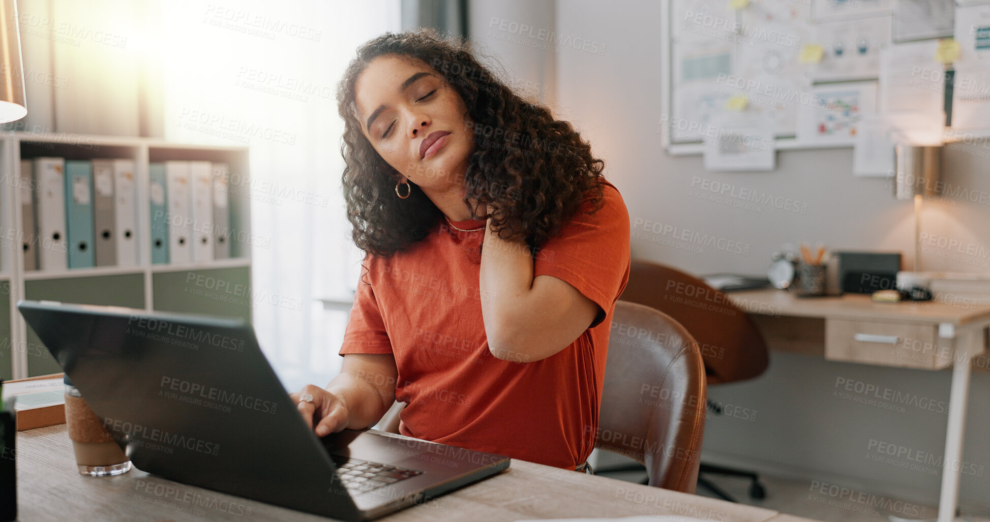 Buy stock photo Burnout, laptop and problem solving with designer woman in creative workplace for project management. Computer, headache and stress with unhappy employee at desk in office for online administration