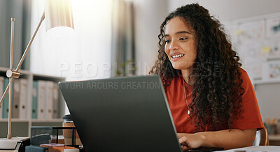 Buy stock photo Research, woman and smile at desk with laptop, communication and update in office. Female journalist, typing and happy at computer for article, social media and contact in modern workplace in city