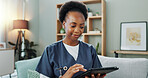 Doctor, tablet and medical data on sofa for results in office, healthcare and medicare worker. Nurse, black woman and caregiver in nursing home with touchscreen for service, support or checking