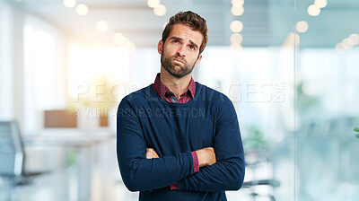 Buy stock photo Confused, thinking and businessman in office with arms crossed, doubt or question in creative startup. Option, workplace choice or face of male designer frustrated by problem, dilemma or decision